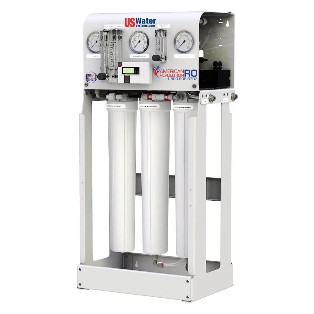 US Water 750 GPD American Revolution light commercial reverse osmosis system with pressure gauges and flow meters