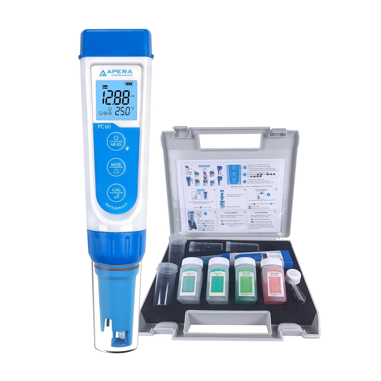 Apera Instruments AI316 PC60 5-in-1 multiparameter tester kit with carrying case, calibration solutions, and accessories