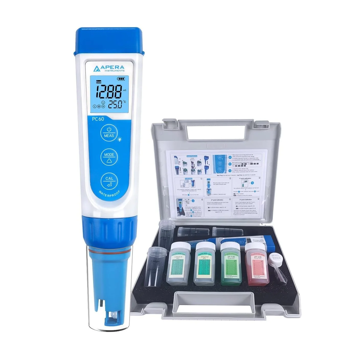 Apera Instruments AI316 PC60 5-in-1 multiparameter tester kit with carrying case, calibration solutions, and accessories