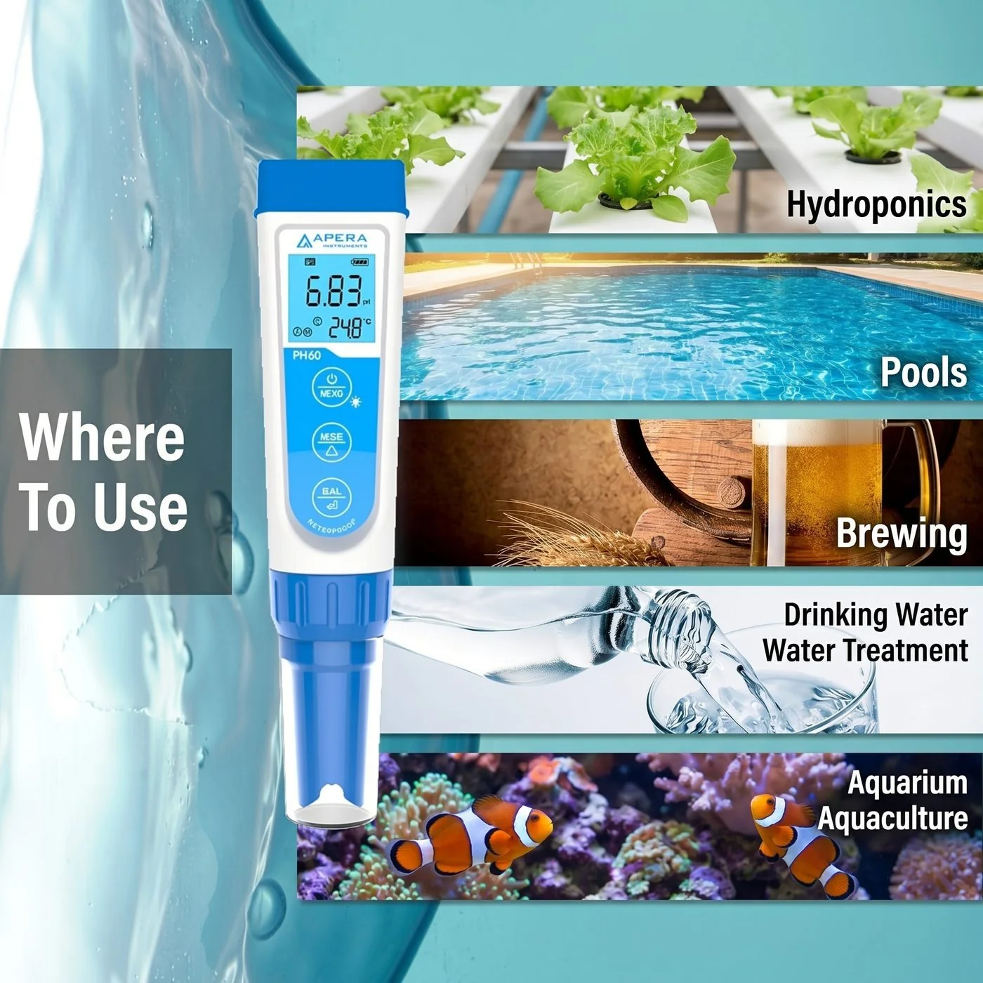 Apera PH60 pH meter being used for water quality testing in field conditions
