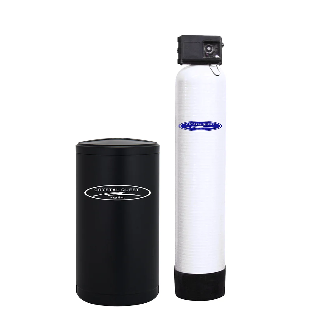 Crystal Quest 15 GPM nitrate removal water filtration system - white resin vessel with black brine tank and automatic control head