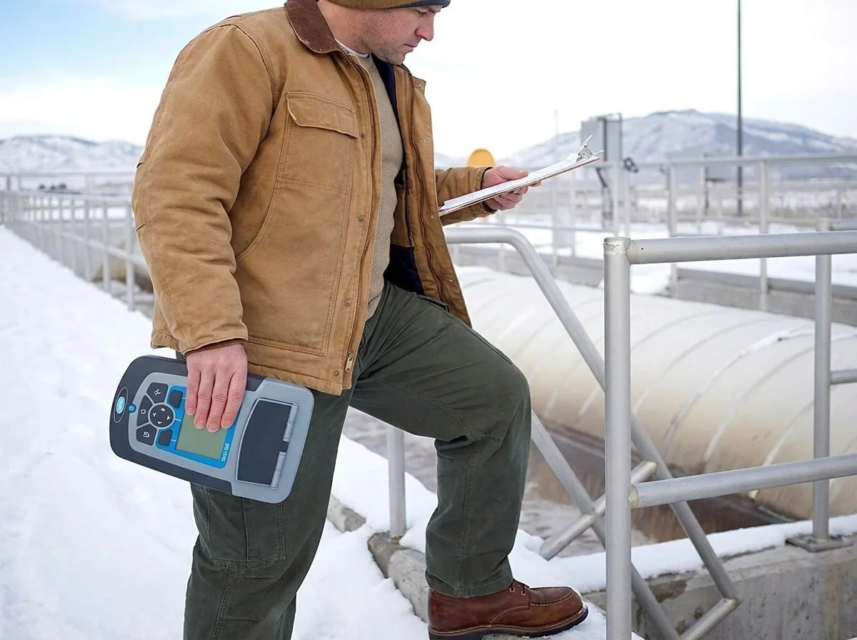 Water treatment operator using Hach DR1900 portable spectrophotometer at a field site in winter conditions