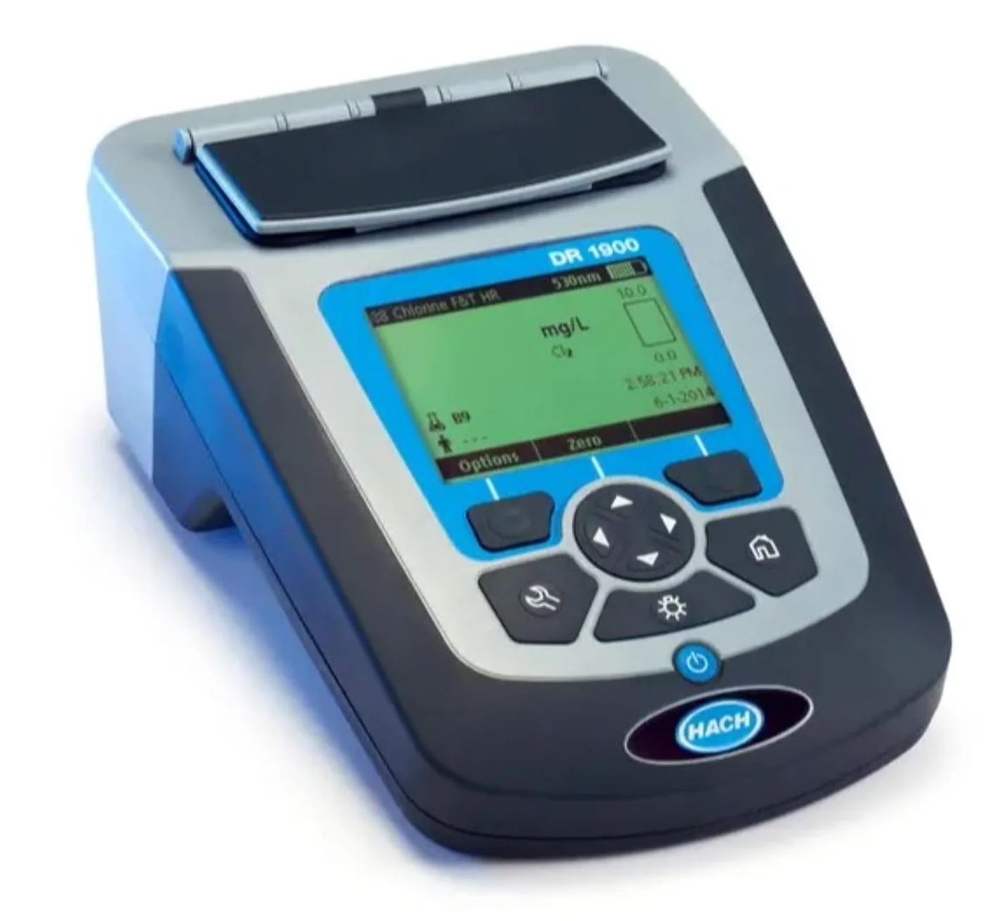Hach DR1900 Portable VIS Spectrophotometer showing chlorine measurement at 530 nm on backlit LCD display