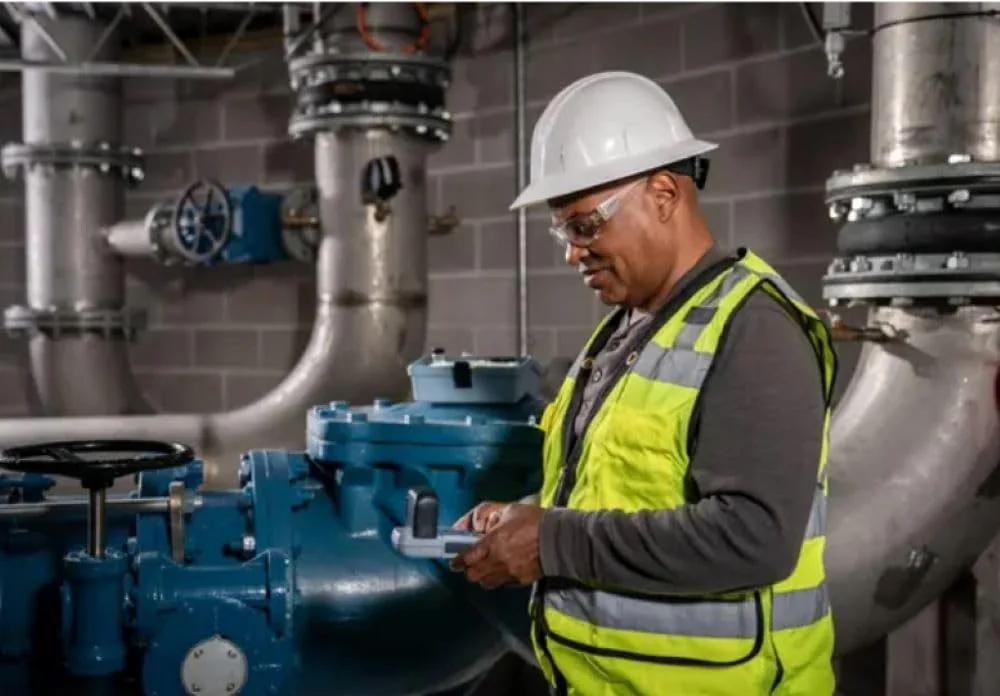 Water treatment operator using Hach DR300 pocket colorimeter in the field at a pump station
