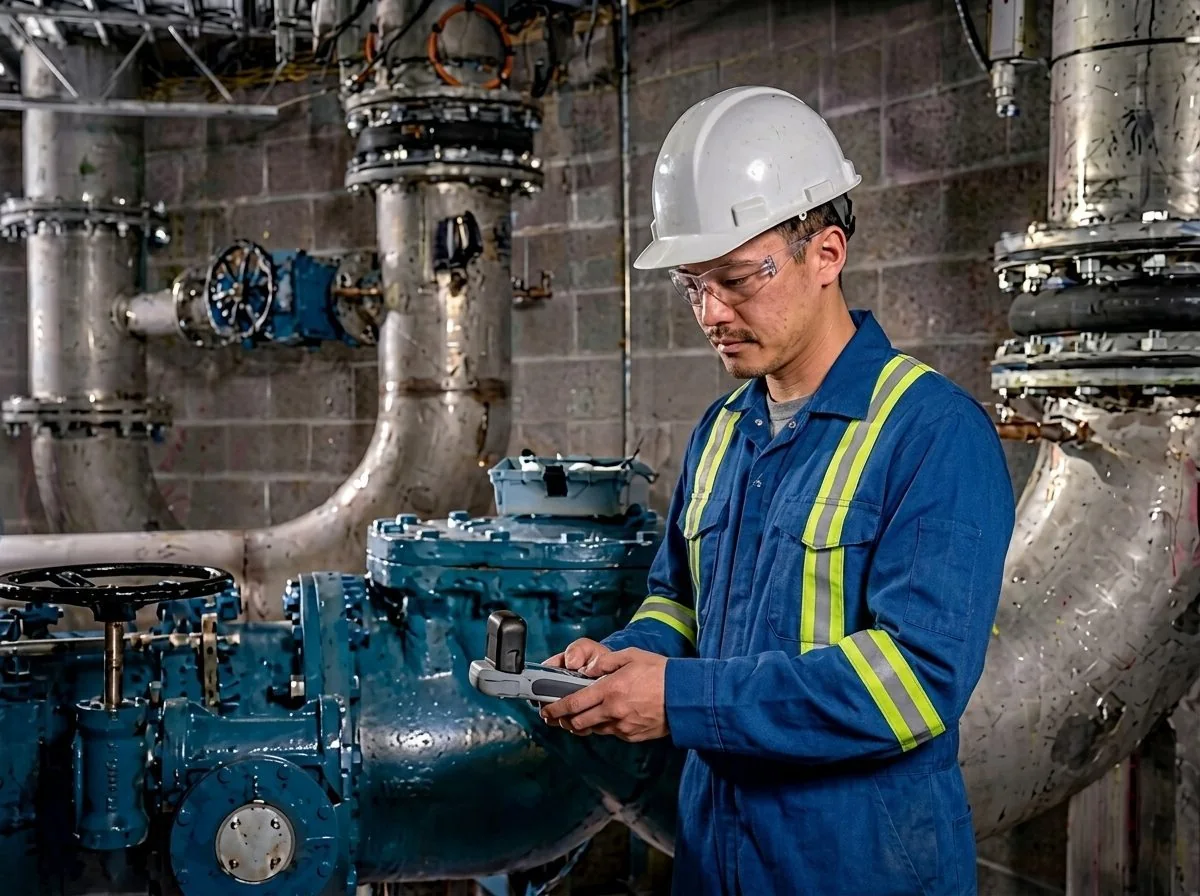 Water treatment operator using Hach DR300 Ammonia pocket colorimeter at an industrial water treatment facility