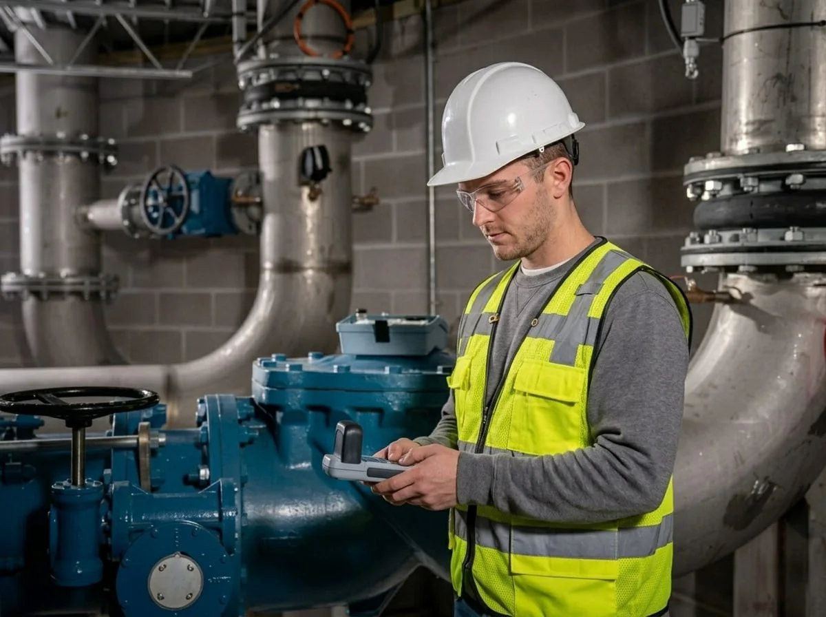 Water treatment operator using Hach DR300 Bromine pocket colorimeter for cooling tower testing