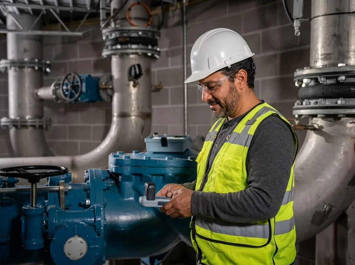 Water treatment operator using Hach DR300 Iron FerroVer pocket colorimeter at an industrial pump station