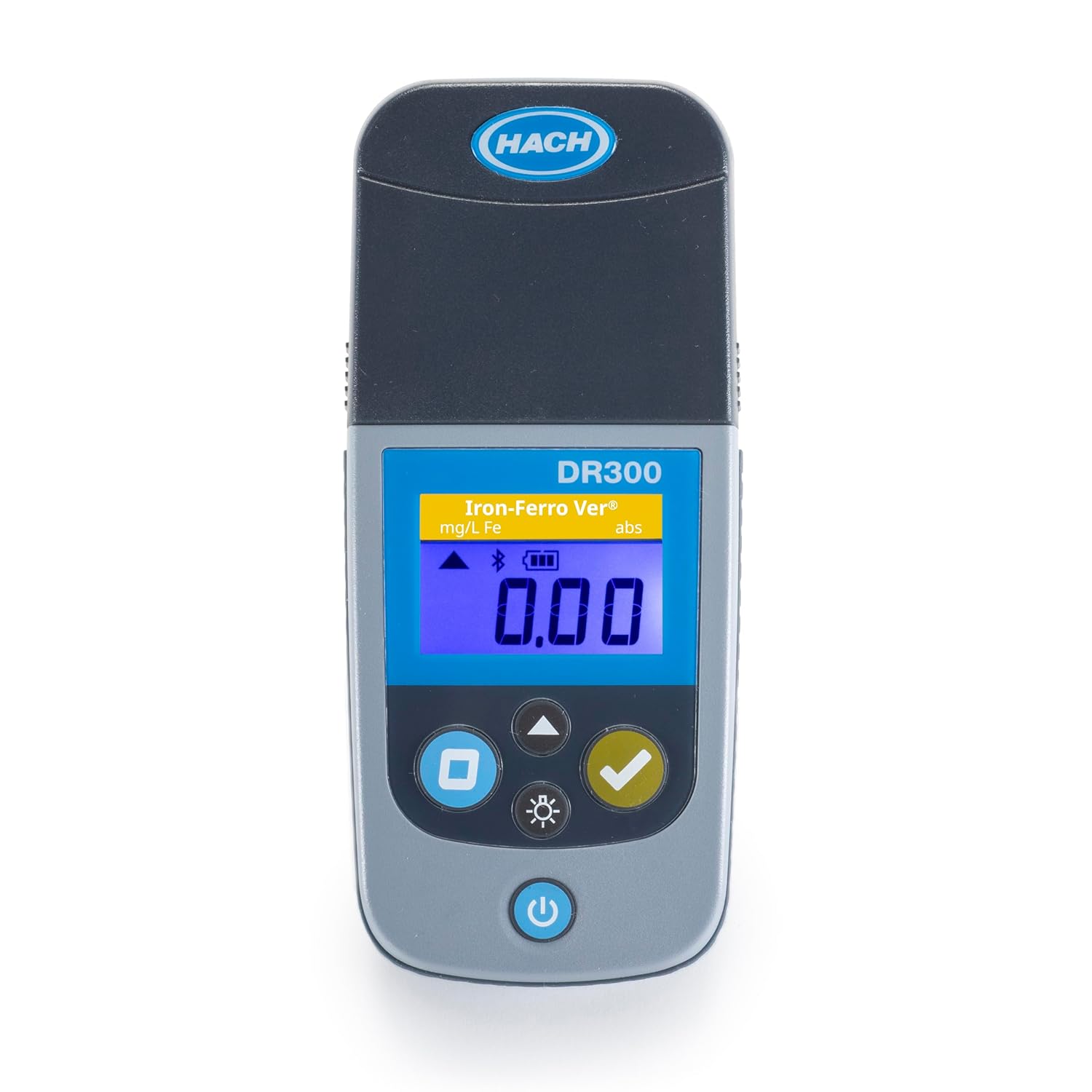 Hach DR300 Iron FerroVer pocket colorimeter LCD showing Iron-Ferro Ver mg/L Fe 0.00