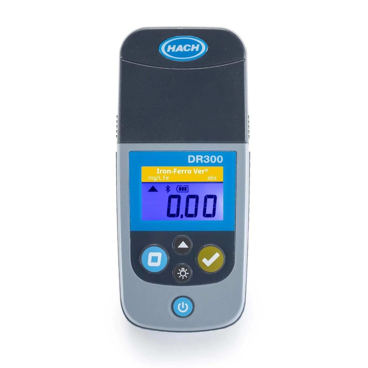 Hach DR300 Iron FerroVer pocket colorimeter LCD showing Iron-Ferro Ver mg/L Fe 0.00