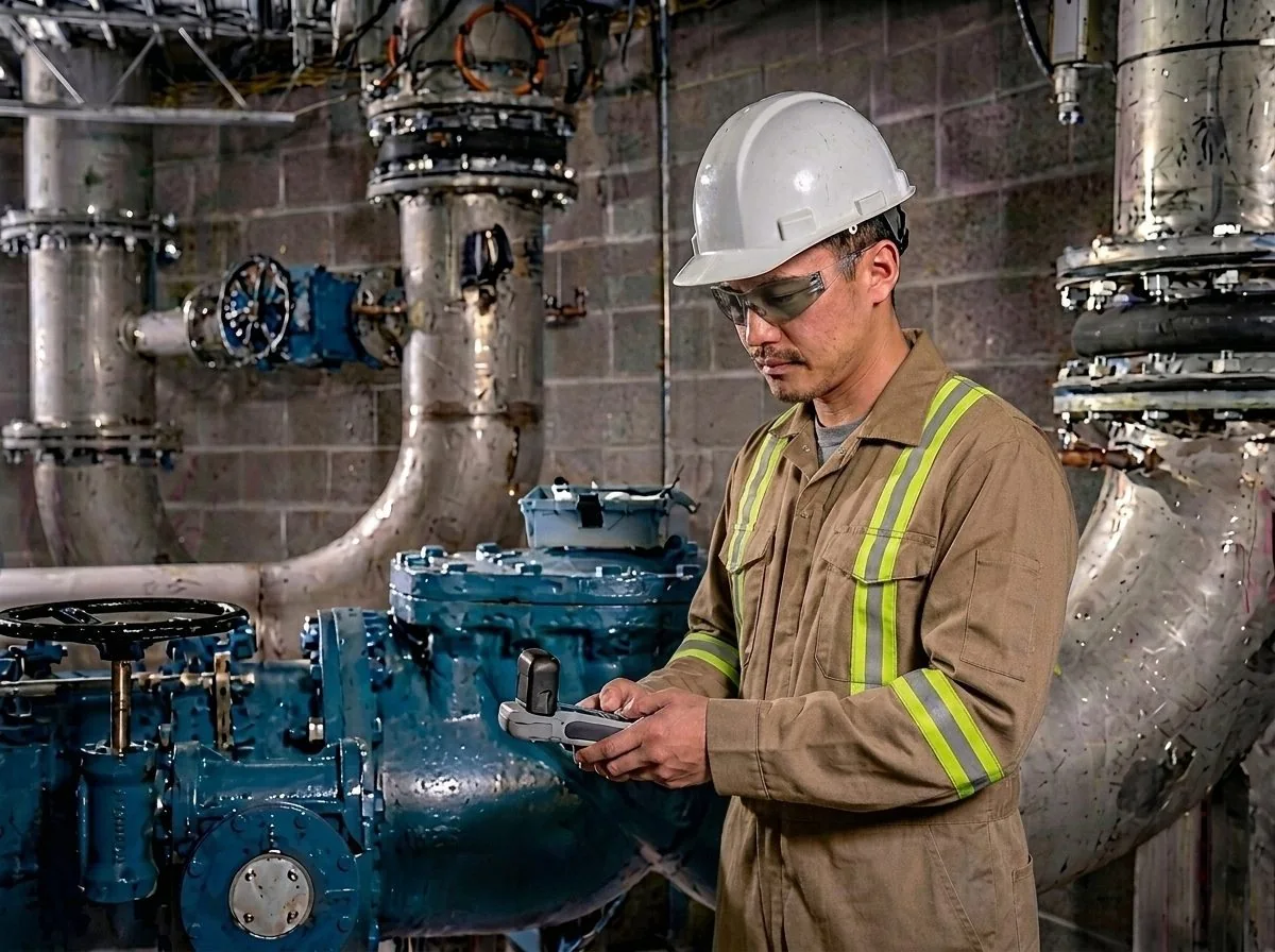 Water treatment operator using Hach DR300 Manganese pocket colorimeter at an industrial water treatment plant