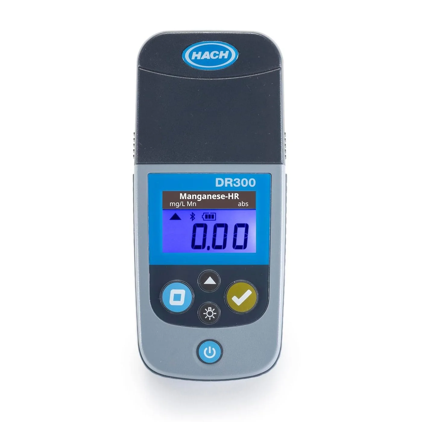 Hach DR300 Manganese-HR pocket colorimeter display showing mg/L Mn measurement