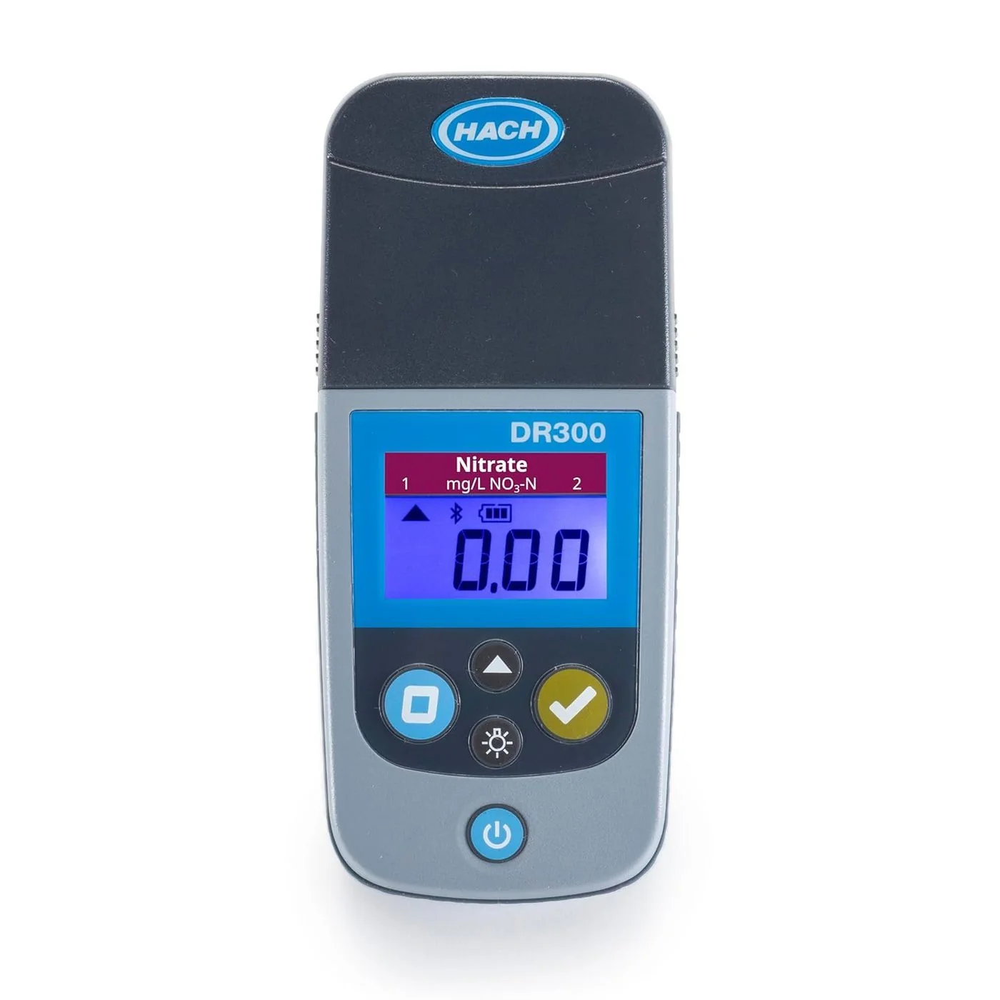 Hach DR300 Nitrate pocket colorimeter display showing mg/L NO3-N measurement with LR and HR range indicators