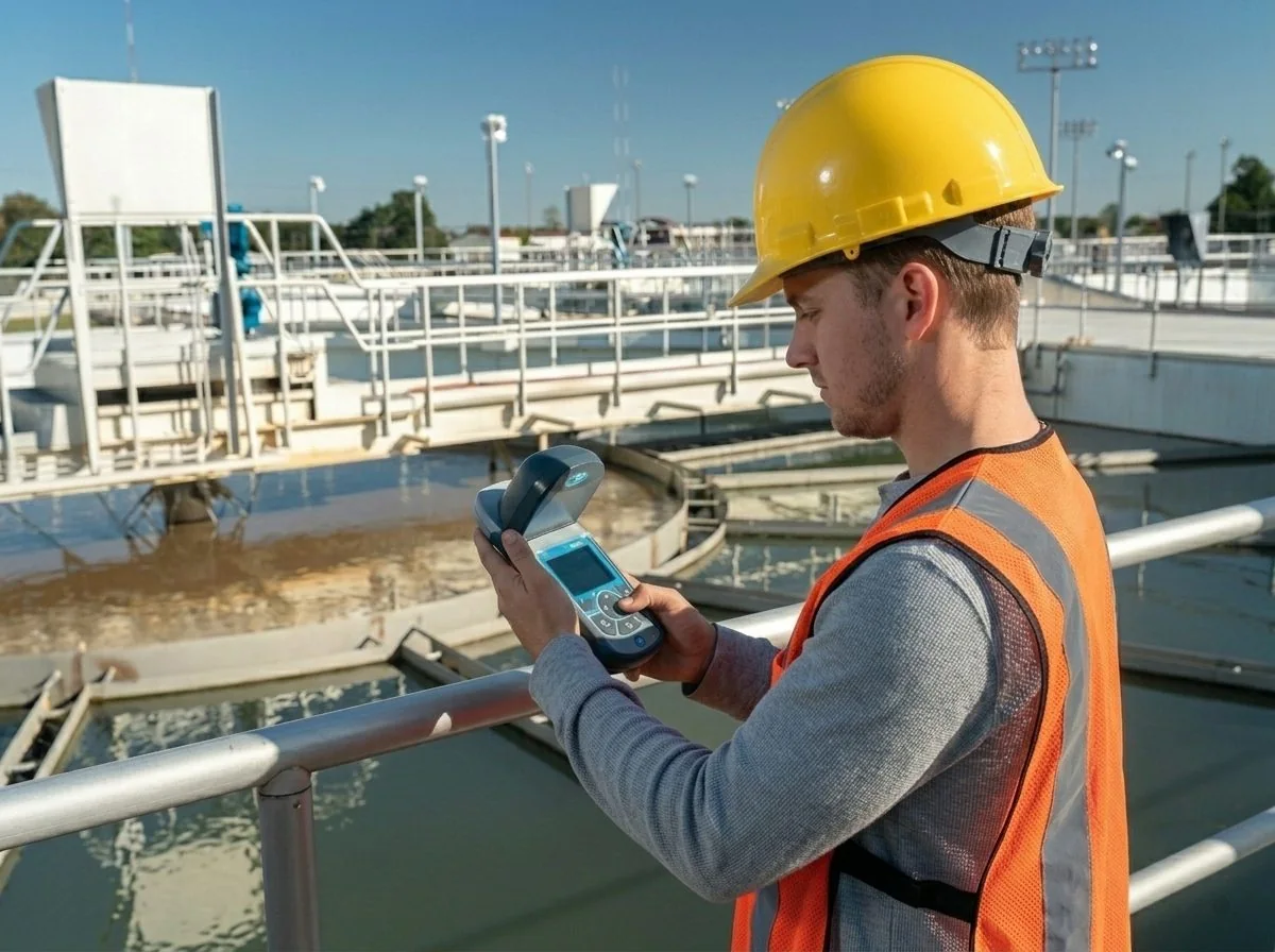 Water treatment operator using Hach DR900 Multiparameter Colorimeter at a wastewater treatment facility