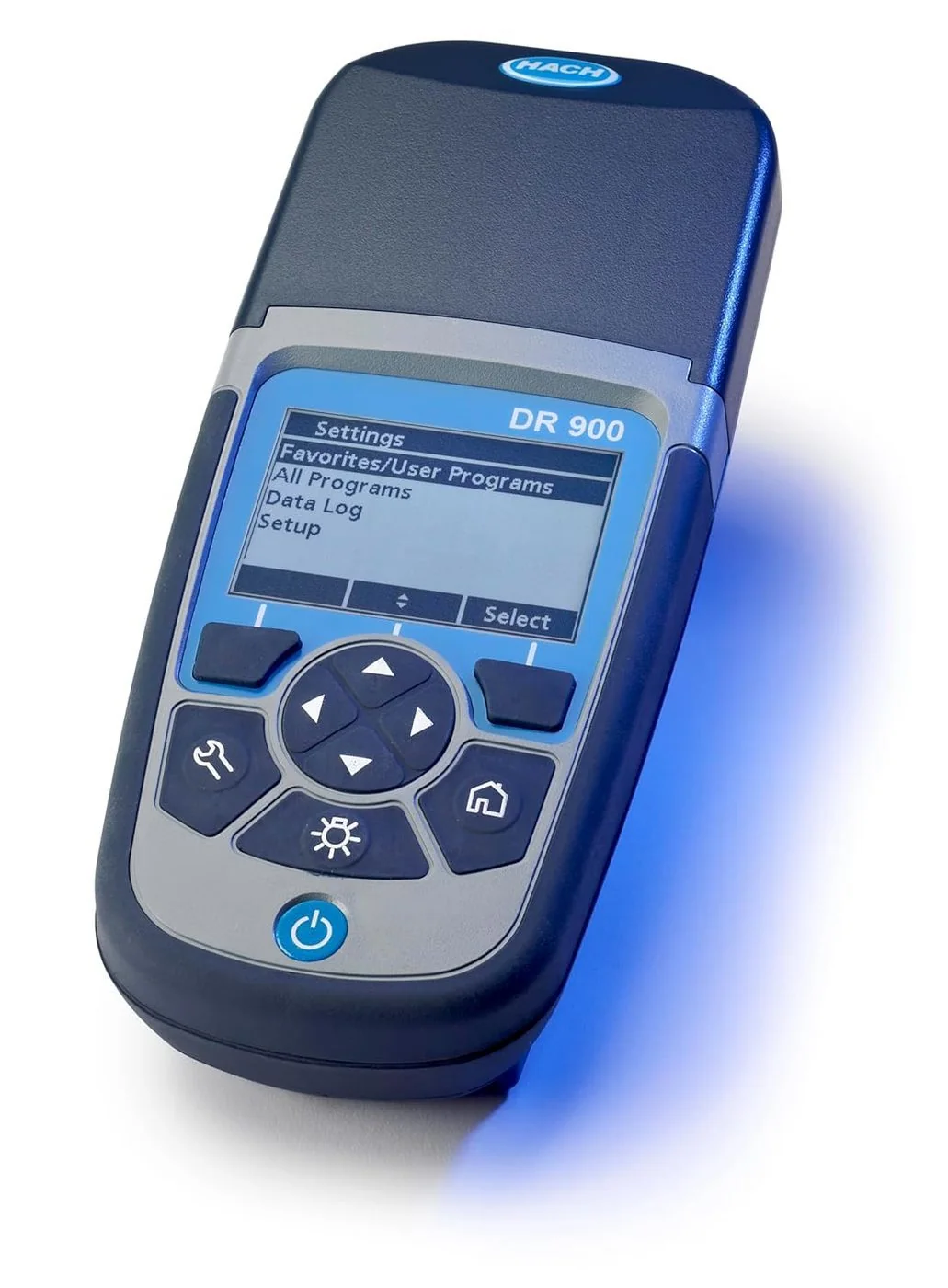 Hach DR900 Multiparameter Portable Colorimeter showing settings menu with Favorites, All Programs, Data Log, and Setup options