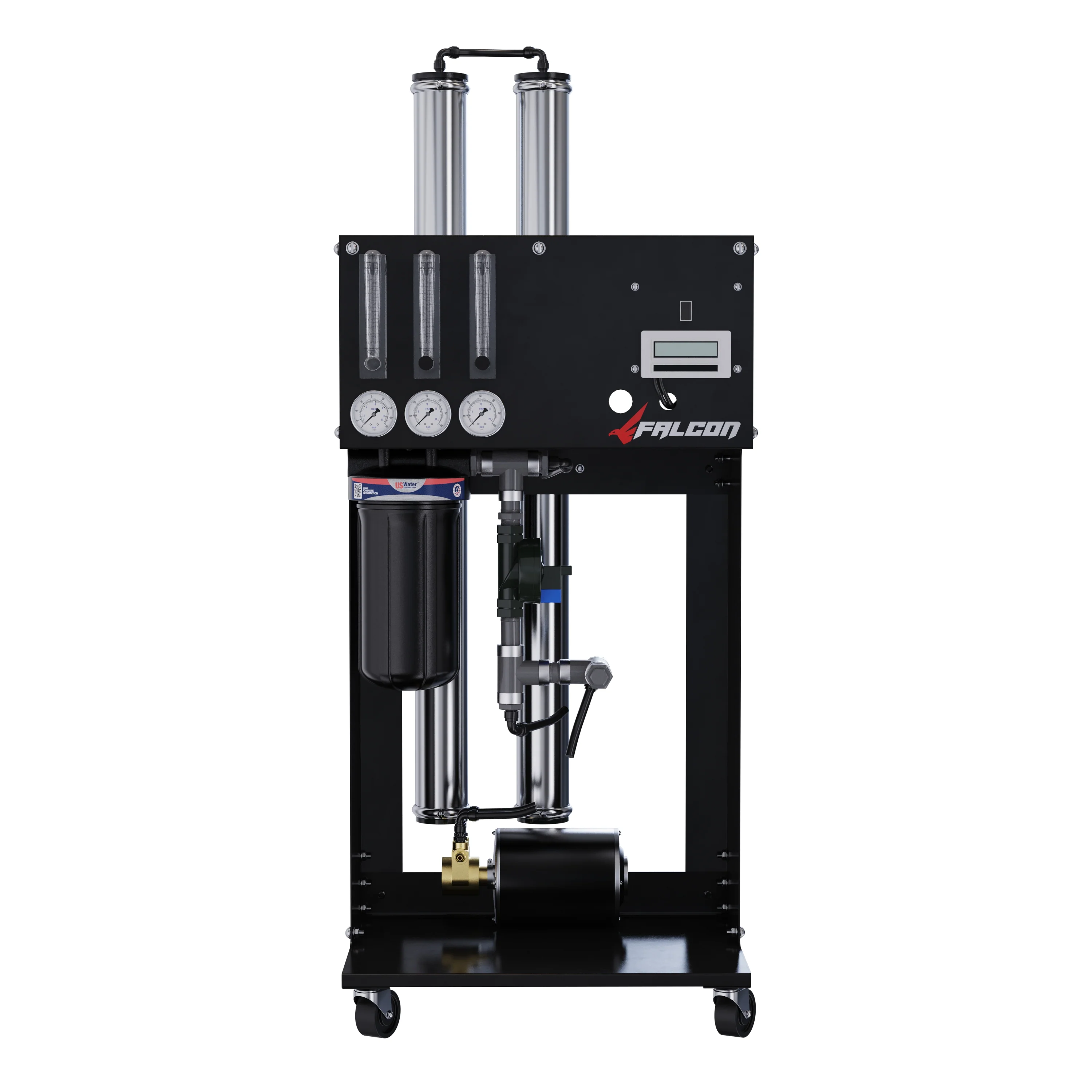 US Water Systems Falcon Commercial RO Module skid-mounted system with dual membrane vessels, control panel, pressure gauges, flow meters, and TDS display