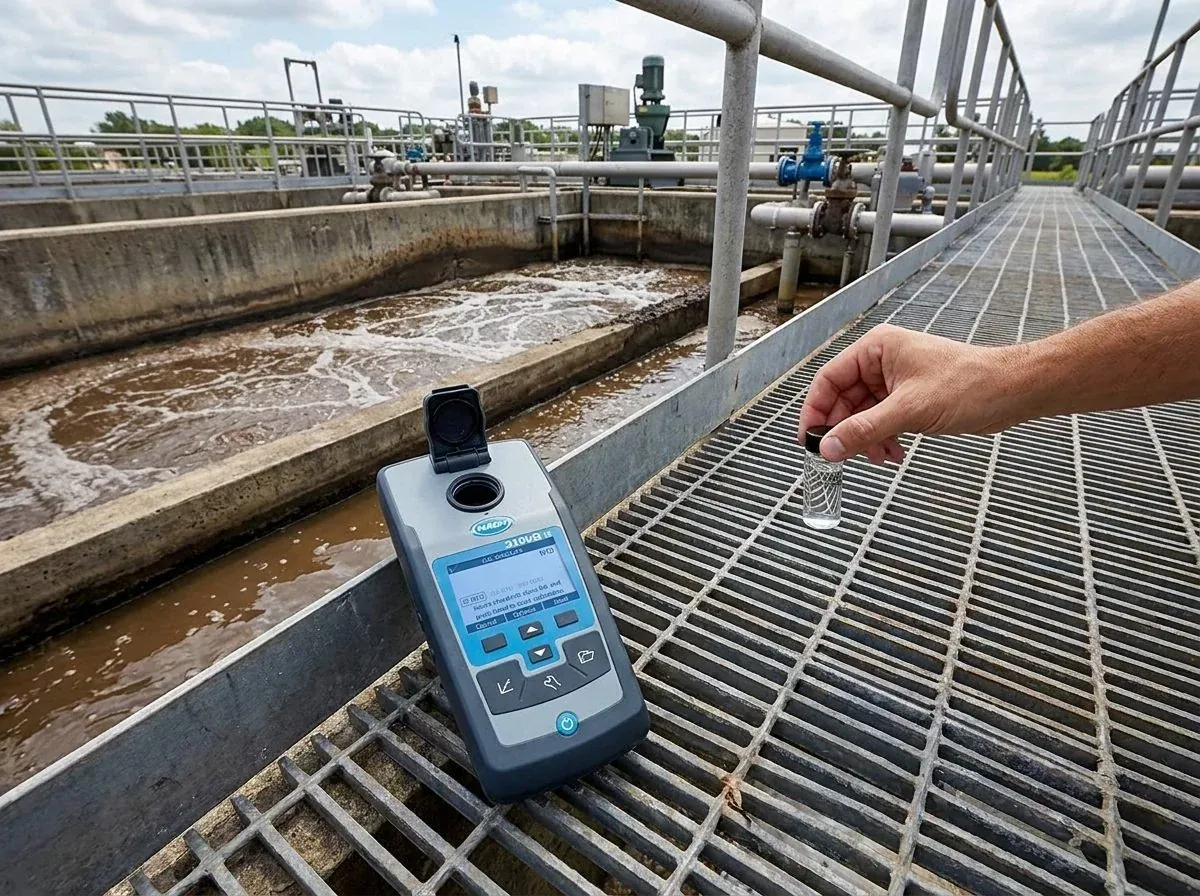 Hach 2100Q portable turbidimeter in use at wastewater treatment plant aeration basin with operator holding sample cell