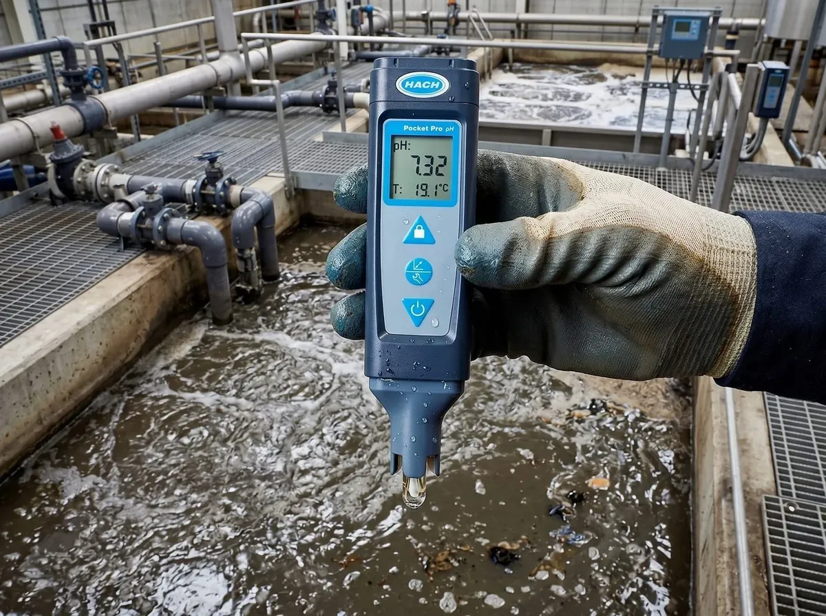 Hach Pocket Pro pH tester held over a wastewater treatment aeration basin showing pH 7.32 and 19.1°C — IP67 waterproof field instrument