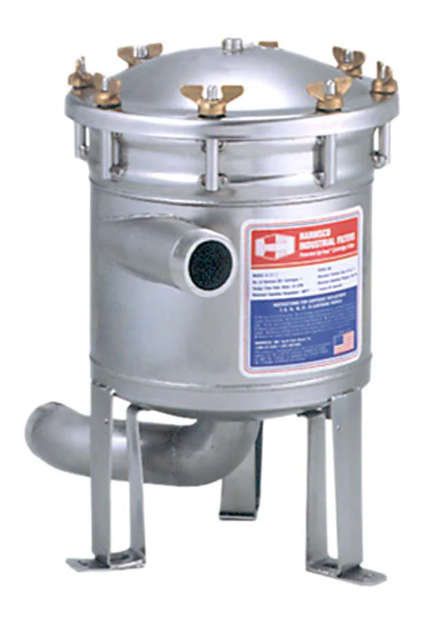 Harmsco HUR-40-HP Hurricane industrial filter housing, 304 stainless steel with brass wing-nut lid and 2-inch NPT connections on leg-mount stand