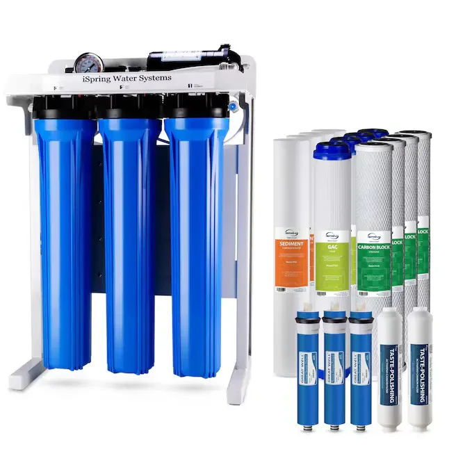 iSpring RCB3P light commercial reverse osmosis system with three 20-inch blue filter housings on a white frame, shown with its full replacement filter set including sediment, GAC, carbon block, three RO membranes, and taste-polishing filters