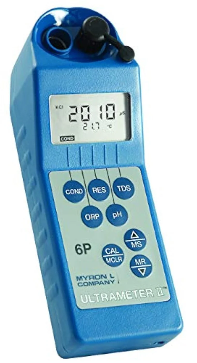 Myron L Ultrameter II 6PIIFCE multiparameter water quality meter — blue handheld instrument showing COND, RES, TDS, ORP, pH buttons and LCD display