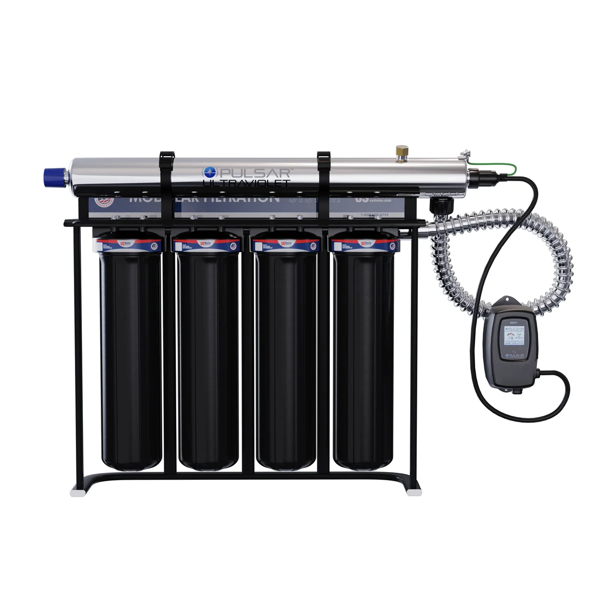 US Water Systems Pulsar Max Plus ultraviolet disinfection system with four-stage filter bank and stainless steel UV reactor on black frame