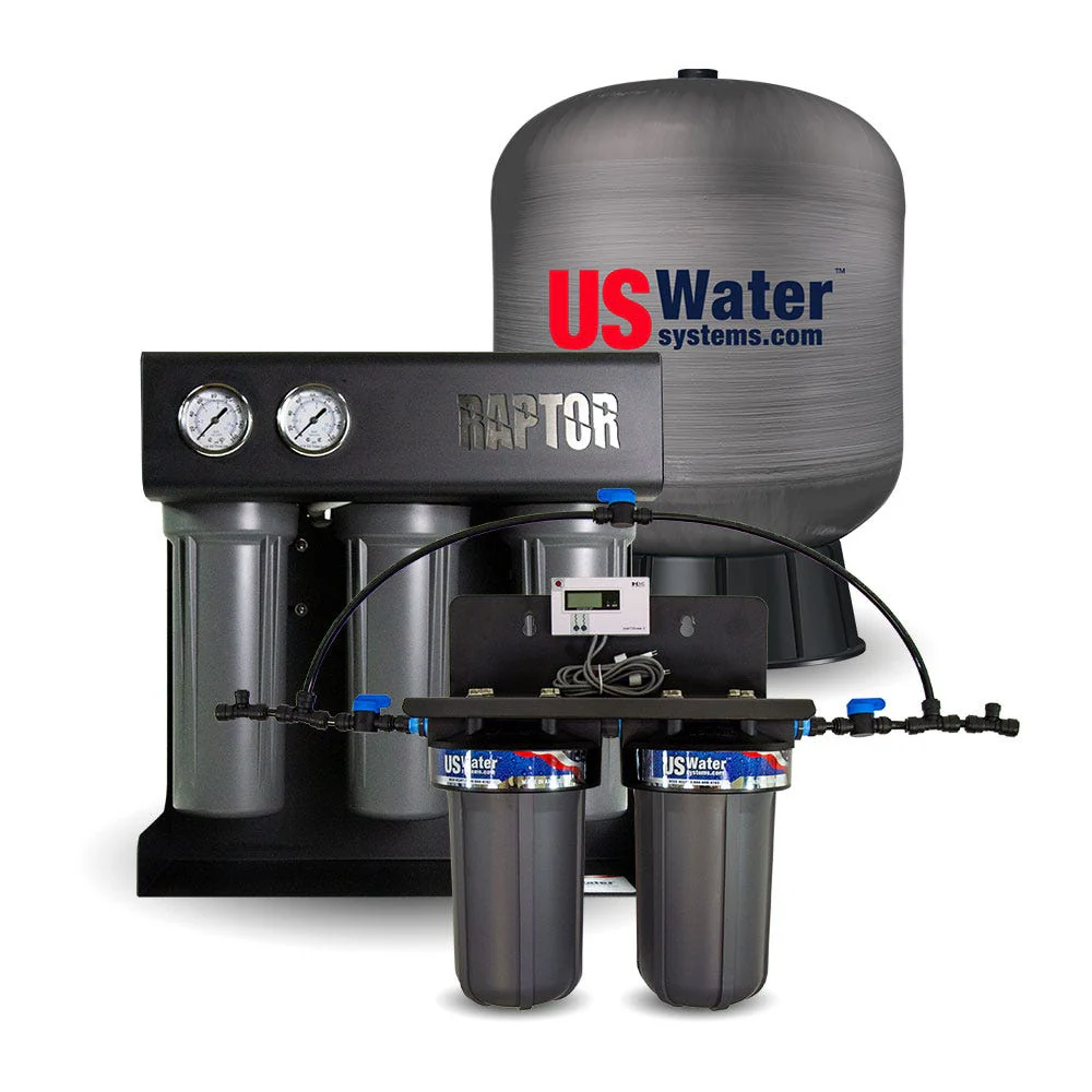 US Water Systems Raptor Lite commercial food service reverse osmosis system with storage tank and dual pressure gauges