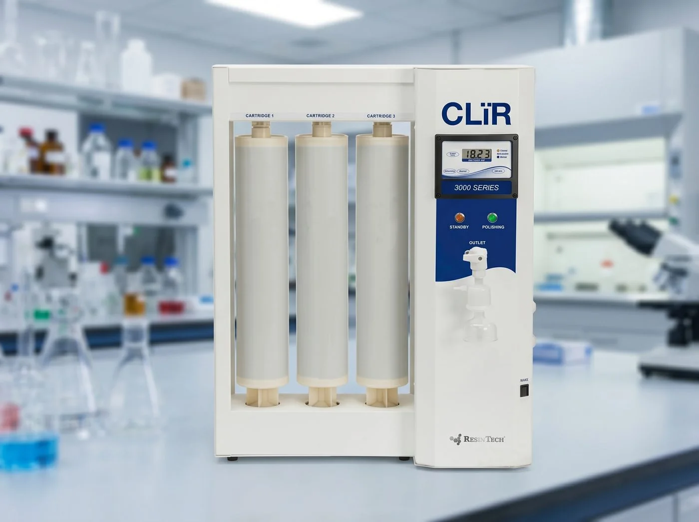 ResinTech CLiR 3000 Series ultrapure Type I lab water system with three cartridges and resistivity display showing 18.23 MΩ·cm