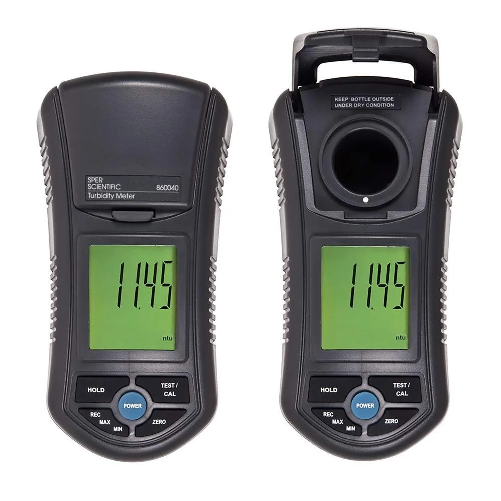 Sper Scientific 860040 Turbidity Meter — front and rear chamber view showing LCD display at 11.45 NTU