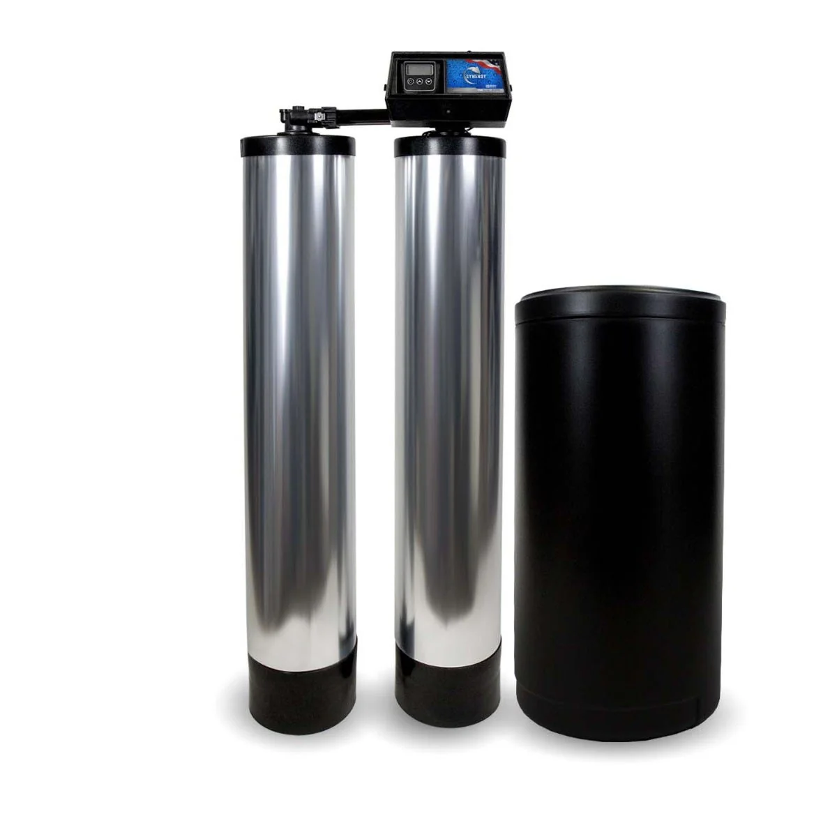 US Water Systems Synergy twin-alternating water softener — two stainless tanks with Synergy control head and black brine tank