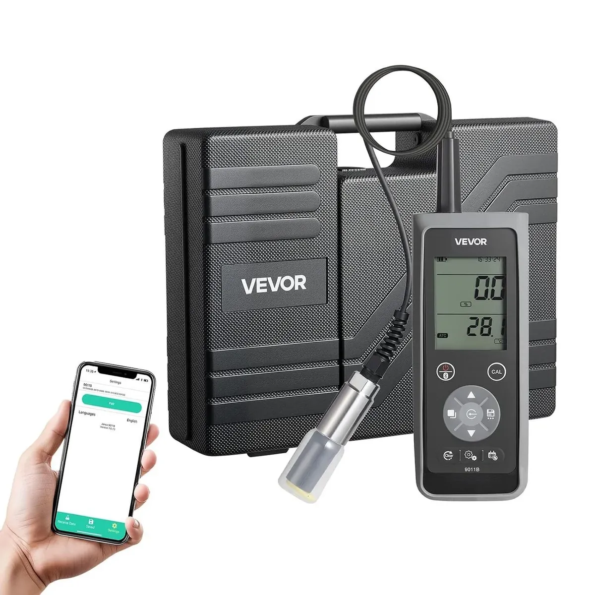 VEVOR 9011B dissolved oxygen Bluetooth meter with carrying case, DO probe, and companion app shown on smartphone