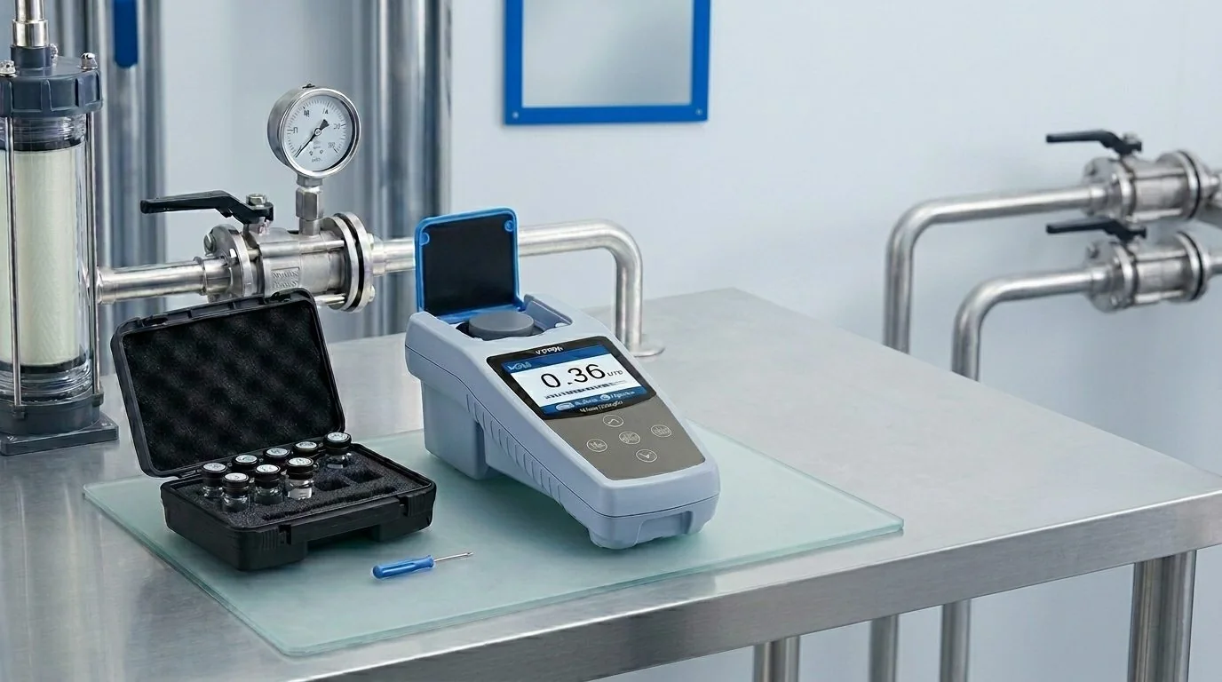 VEVOR TN1000 Turbidity Meter with hard carrying case and calibration vials on a laboratory bench