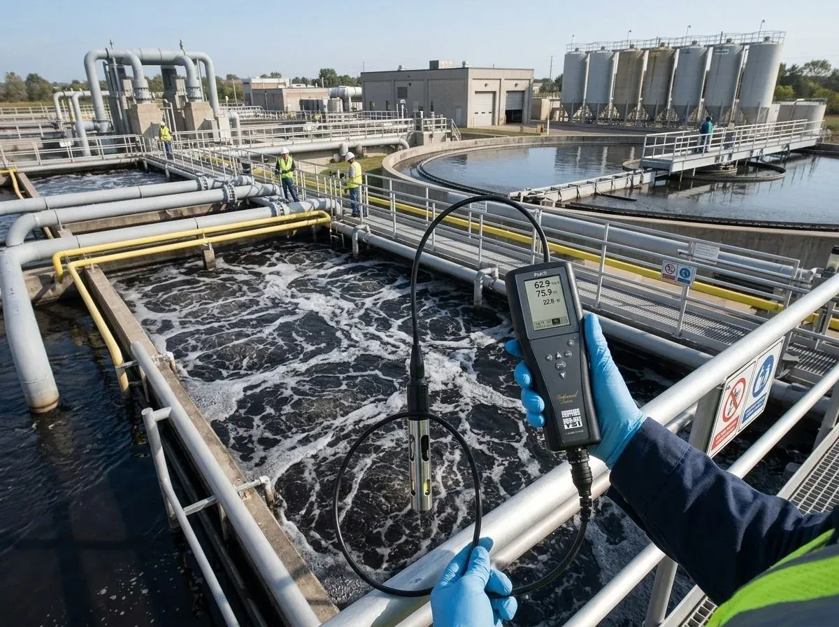 YSI Pro20 dissolved oxygen meter being used at a wastewater aeration basin — field monitoring in an activated sludge process